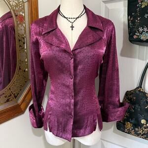 VTG Y2K Dressbarn Shifty Metallic Purple/Pink Glitter Dot Mid Sleeve Collar Top